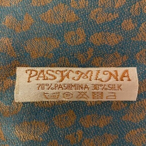 Luxury 70% Pashmina 30% Silk Full Shawl Wrap - Teal & Gold Leopard Print - Picture 4 of 5